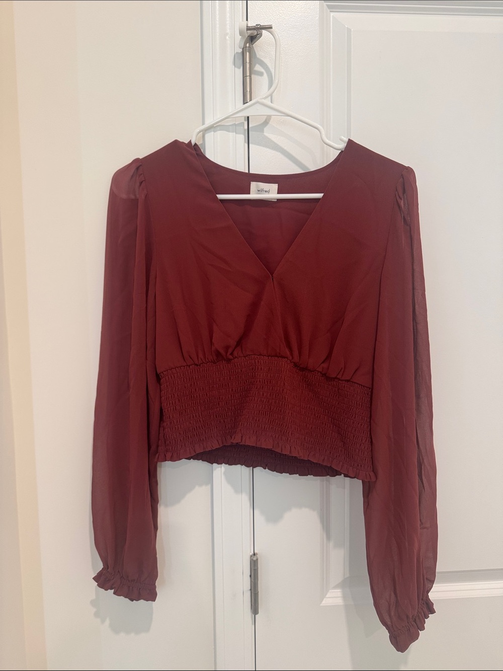 Wilfred Deep Rust Red V-Neck Smocked Waist Blouse